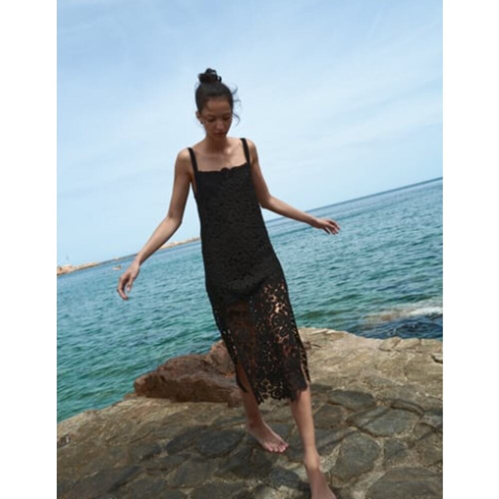 Zara Black Spaghetti Strap Macrame Knit Midi / Maxi Dress with Side Slits Large